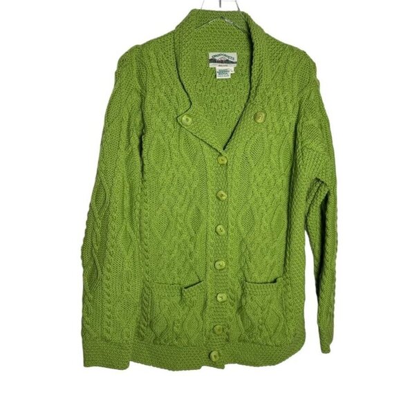 Aran Crafts Womens Green Cable Knit Cardigan Sweater Merino Wool - Picture 5 of 8